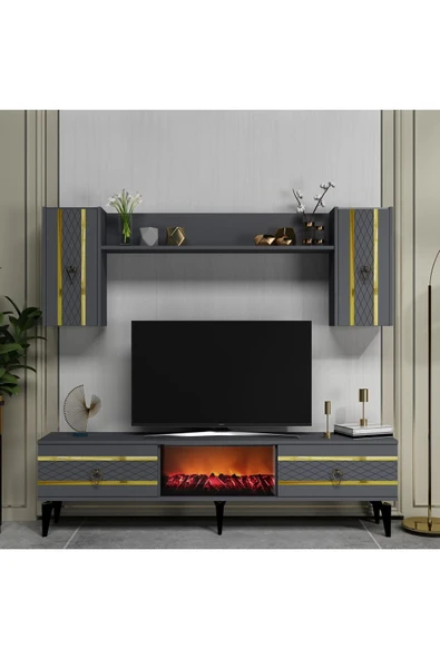 DEMONTE DECOR PELİN TV ÜNİTESİ TAKIMI ŞÖMİNELİ ANTRASİT-ALTIN - 1