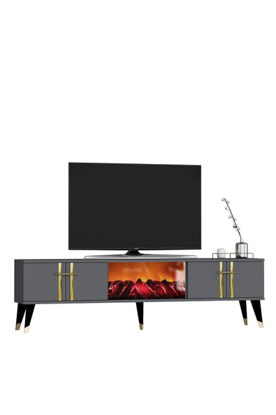 DEMONTE DECOR ASSEL  ŞÖMİNELİ TV SEHPASI (ALT MODÜL) ANTRASİT-ALTIN - Resim 4