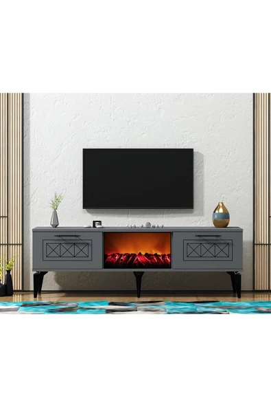 DemonteDekor SHUMEN ŞÖMİNELİ TV SEHPASI ANTRASİT-GÜMÜŞ ürün görseli 1