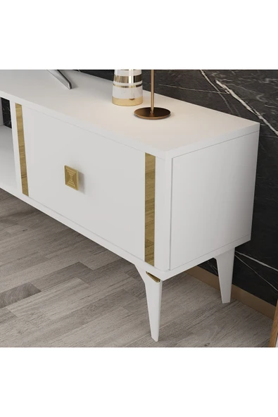 DEMONTE DECOR Doruk Tv Ünitesi Beyaz Altın 4 Kapaklı - Resim 4