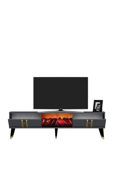 DEMONTE DECOR ASSEL  ŞÖMİNELİ TV SEHPASI (ALT MODÜL) ANTRASİT-ALTIN - Resim 5