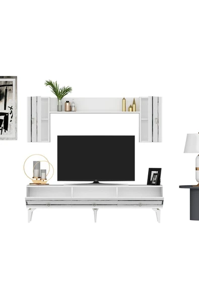 DEMONTE DECOR İpek 180 Cm Tv Ünitesi Ve Konsol 2'li Salon Takımı Beyaz-gümüş - Resim 6