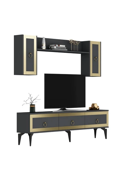 DEMONTE DECOR Ponny 180 Cm Tv Ünitesi Antrasit Altın - Resim 5
