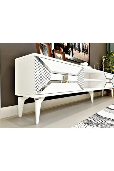 DEMONTE DECOR 2 Raflı, 2 Kapaklı Yumedi Tv Sehpası (ALT MODÜL) Beyaz-gümüş - Resim 2