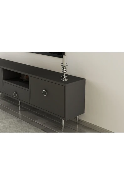 DEMONTE DECOR 2 Kapaklı, Raflı Ve Çekmeceli Drop Tv Ünitesi Antrasit-Gümüş - Resim 3