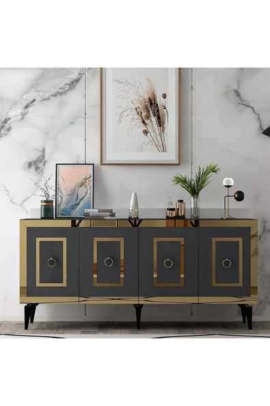 DEMONTE DECOR Karya 180 Cm Tv Ünitesi Ve Konsol 2'li Salon Takımı Antrasit-altın - 5