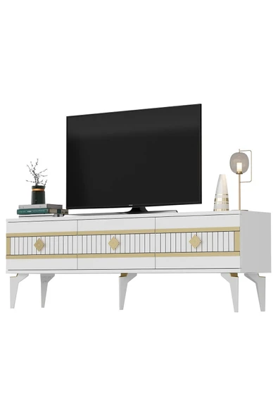 DEMONTE DECOR NOVVA TV SEHPASI (alt modül) ve KONSOL 2'Lİ SALON TAKIMI BEYAZ-ALTIN - Resim 7