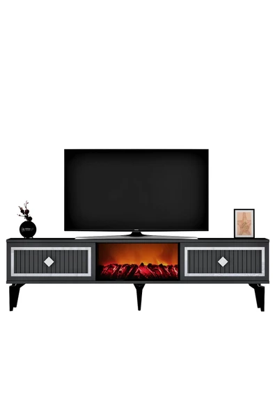 DEMONTE DECOR NİLL ŞÖMİNELİ TV SEHPASI ANTRASİT-GÜMÜŞ - Resim 5