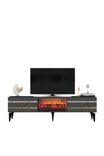 DEMONTE DECOR PELİN TV SEHPASI ŞÖMİNELİ ANTRASİT-ALTIN - Resim 3