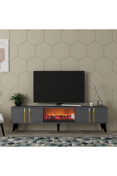 DEMONTE DECOR ASSEL  ŞÖMİNELİ TV SEHPASI (ALT MODÜL) ANTRASİT-ALTIN ürün görseli 1