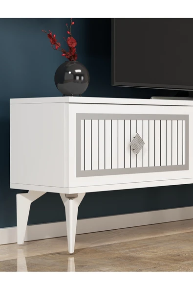 DEMONTE DECOR NİLL ŞÖMİNELİ TV SEHPASI BEYAZ-GÜMÜŞ - Resim 3