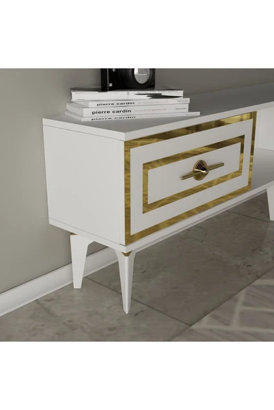 DEMONTE DECOR VİOLA TV ÜNİTESİ TAKIMI BEYAZ-ALTIN - Resim 3