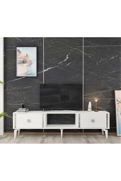 DEMONTE DECOR DORUK TV SEHPASI BEYAZ GÜMÜŞ ürün görseli 1