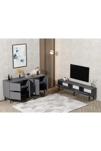 DEMONTE DECOR VANİA TV SEHPASI ve KONSOL 2'li SALON TAKIMI ANTRASİT-GÜMÜŞ - 2