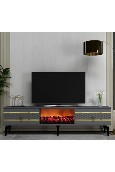 DEMONTE DECOR PELİN TV SEHPASI ŞÖMİNELİ ANTRASİT-ALTIN ürün görseli 1