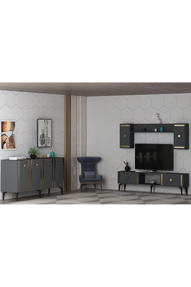 DEMONTE DECOR Doruk Tv Ünitesi Ve Konsol 2'li Salon Takımı Antrasit-altın ürün görseli