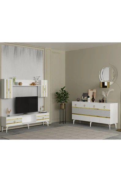 DEMONTE DECOR PELİN TV ÜNİTESİ ve KONSOL 2'Lİ SALON TAKIMI BEYAZ-ALTIN - 1