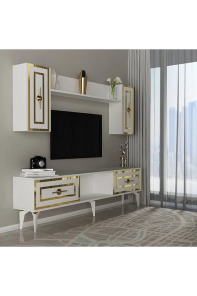DEMONTE DECOR VİOLA TV ÜNİTESİ TAKIMI BEYAZ-ALTIN - Resim 2