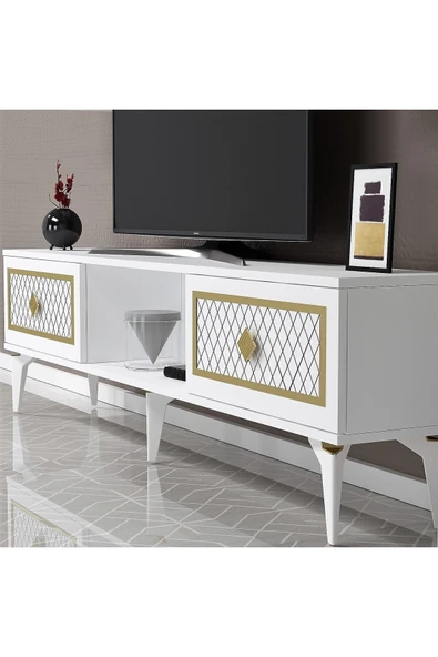DEMONTE DECOR 2 Kapaklı, Raflı Herry Tv Sehpası Alt Modül Beyaz-altın - Resim 2