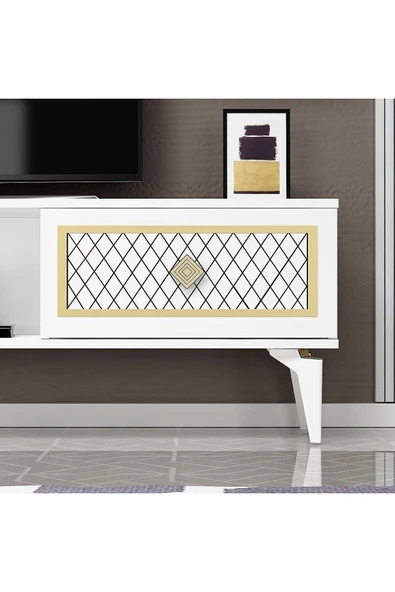 DEMONTE DECOR 2 Kapaklı, Raflı Herry Tv Sehpası Alt Modül Beyaz-altın - Resim 3