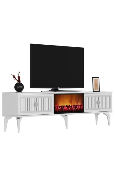 DEMONTE DECOR FLLAME ŞÖMİNELİ TV SEHPASI (ALT MODÜL) BEYAZ-GÜMÜŞ - 6