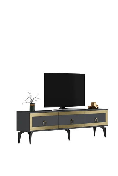 DEMONTE DECOR Ponny 180 Cm Tv Sehpası Antrasit Altın - Resim 5