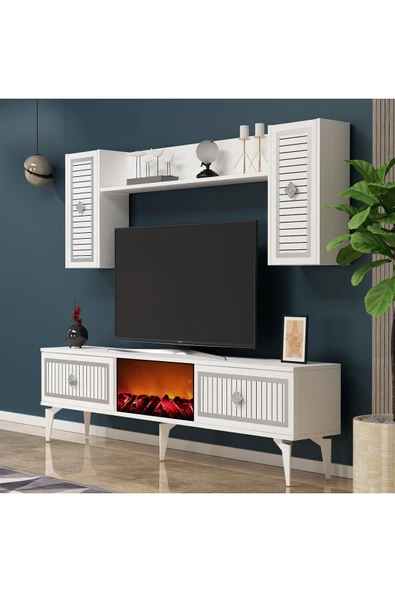 DEMONTE DECOR NİLL ŞÖMİNELİ TV  ÜNİTESİ TAKIMI BEYAZ -GÜMÜŞ - 3