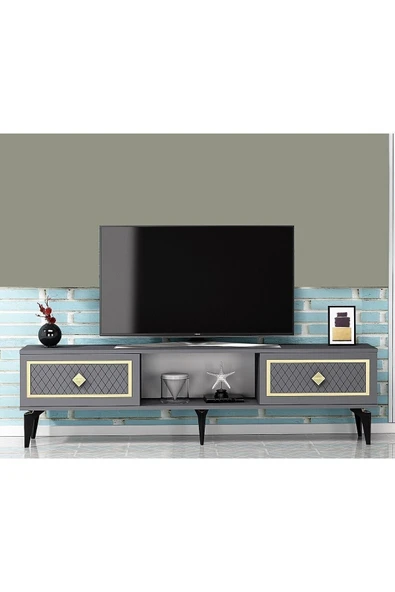 DEMONTE DECOR 2 Kapaklı, Raflı Herry Tv Sehpası Alt Modül Antrasit-altın ürün görseli 1