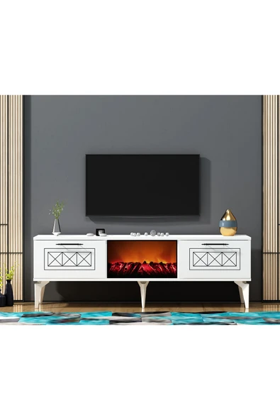 DemonteDekor Shumendh Şömineli Tv Sehpası Beyaz-gümüş ürün görseli 1