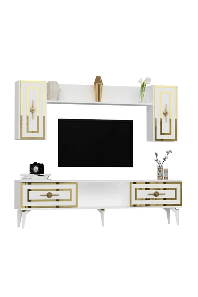 DEMONTE DECOR VİOLA TV ÜNİTESİ TAKIMI BEYAZ-ALTIN - Resim 4