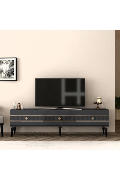 DEMONTE DECOR LENNORA TV SEHPASI (alt modül) ve KONSOL 2'Lİ SALON TAKIMI ANTRASİT-GÜMÜŞ - Resim 3