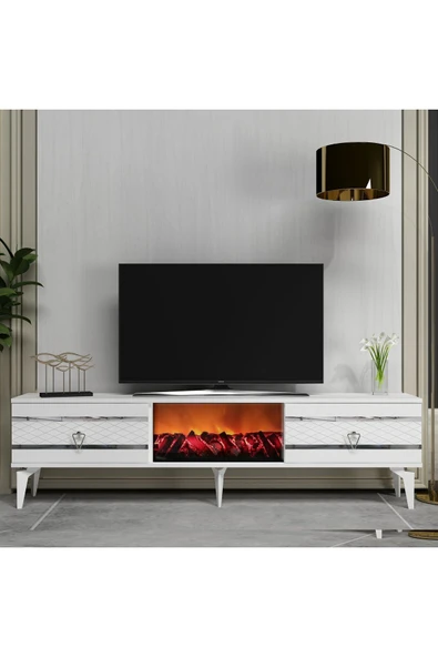 DEMONTE DECOR PELİN TV SEHPASI ŞÖMİNELİ BEYAZ-GÜMÜŞ ürün görseli 1