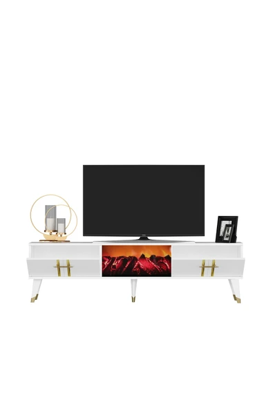 DEMONTE DECOR ASSEL  ŞÖMİNELİ TV SEHPASI (ALT MODÜL) BEYAZ-ALTIN - Resim 5