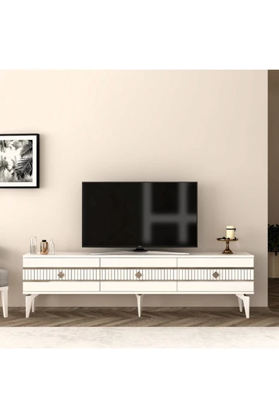 DEMONTE DECOR LENNORA 180 CM  TV SEHPASI (ALT MODÜL) BEYAZ-GÜMÜŞ - 1