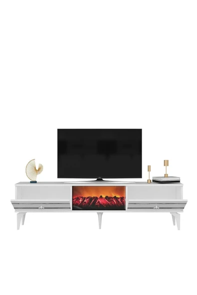 DEMONTE DECOR PELİN TV SEHPASI ŞÖMİNELİ BEYAZ-GÜMÜŞ - Resim 5
