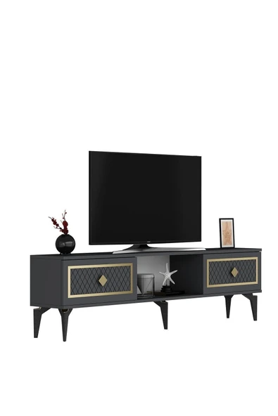 DEMONTE DECOR 2 Kapaklı, Raflı Herry Tv Sehpası Alt Modül Antrasit-altın - Resim 4