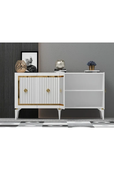 DEMONTE DECOR NOVVA TV SEHPASI (alt modül) ve KONSOL 2'Lİ SALON TAKIMI BEYAZ-ALTIN - Resim 4