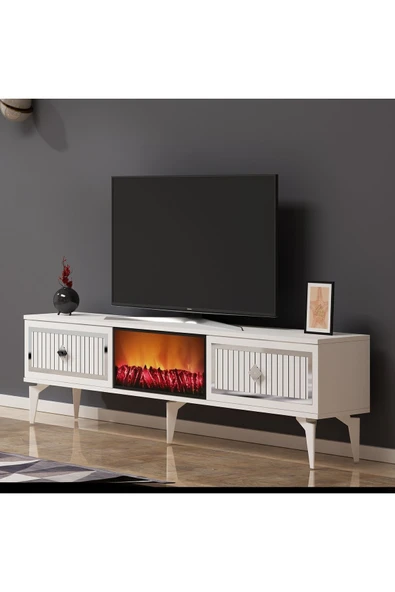 DEMONTE DECOR FLLAME ŞÖMİNELİ TV SEHPASI (ALT MODÜL) BEYAZ-GÜMÜŞ - 3