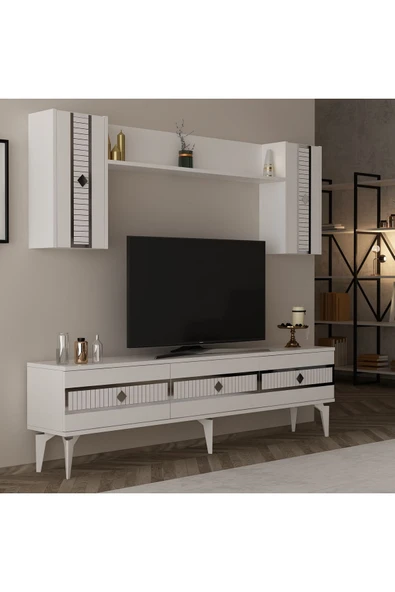 DEMONTE DECOR NORRA 180 CM TV ÜNİTESİ BEYAZ-GÜMÜŞ - Resim 2