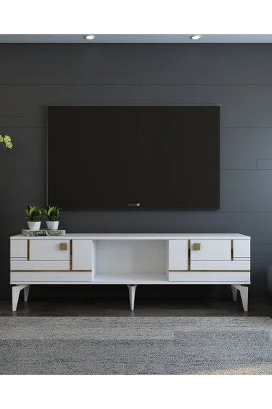 DEMONTE DECOR Maderadd Tv Sehpası Beyaz Altın - 1