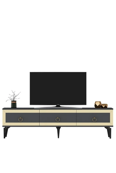 DEMONTE DECOR Ponny 180 Cm Tv Sehpası Antrasit Altın - Resim 4