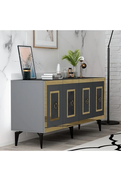 DEMONTE DECOR Karya 180 Cm Tv Ünitesi Ve Konsol 2'li Salon Takımı Antrasit-altın - 6