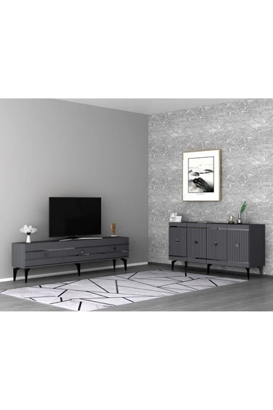 DEMONTE DECOR LENNORA TV SEHPASI (alt modül) ve KONSOL 2'Lİ SALON TAKIMI ANTRASİT-GÜMÜŞ ürün görseli 1