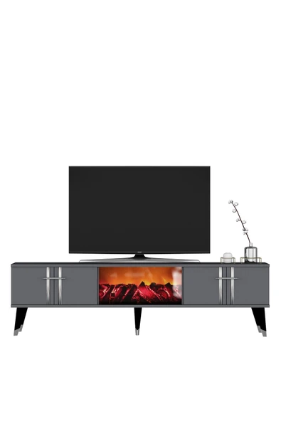 DEMONTE DECOR ASSEL  ŞÖMİNELİ TV SEHPASI (ALT MODÜL) ANTRASİT-GÜMÜŞ - Resim 4