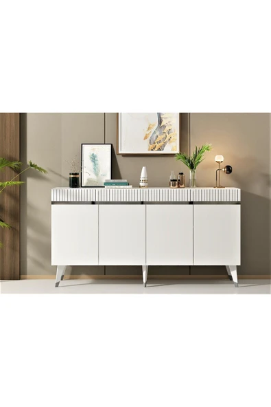 DEMONTE DECOR DEFFNE TV SEHPASI ve KONSOL 2'Lİ SALON TAKIMI BEYAZ-GÜMÜŞ - 4