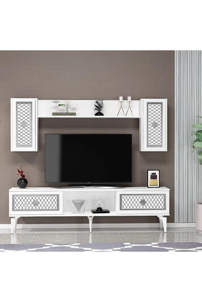 DEMONTE DECOR 4 Kapaklı, 2 Raflı Herry Tv Ünitesi Takım Beyaz-gümüş ürün görseli