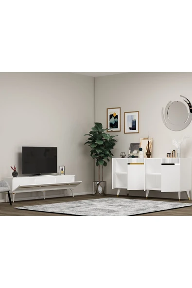 DEMONTE DECOR DEFFNE TV SEHPASI ve KONSOL 2'Lİ SALON TAKIMI BEYAZ-ALTIN - Resim 2