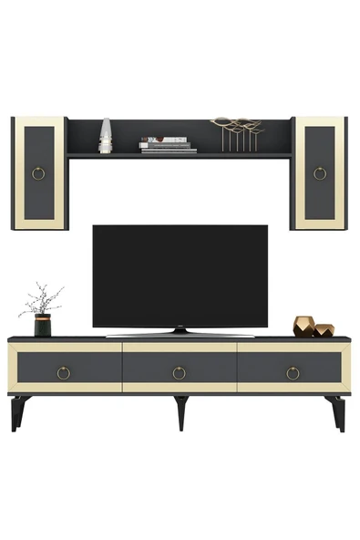 DEMONTE DECOR Ponny 180 Cm Tv Ünitesi Antrasit Altın - Resim 4