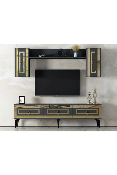 DEMONTE DECOR Karya 180 Cm Tv Ünitesi Antrasit Altın - 1