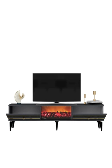 DEMONTE DECOR PELİN TV SEHPASI ŞÖMİNELİ ANTRASİT-ALTIN - Resim 5
